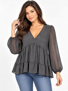 MELLODAY Black Chiffon Babydoll Blouse XL Sheer Balloon Sleeves Boho Ruffle Top